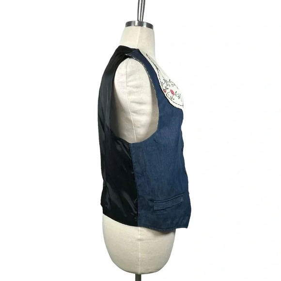 Vintage Handmade Embroidered Denim Vest‎ Floral Lapel Button Down Size Medium - Picture 6 of 8